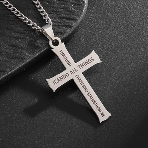 Polished silver titanium steel cross necklace with engraved religious bible verse text