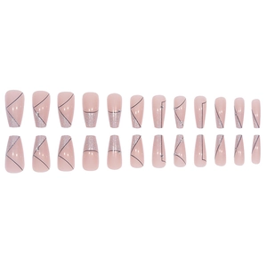 Long pink ballerina fake nails with silver glitter and black geometric line art