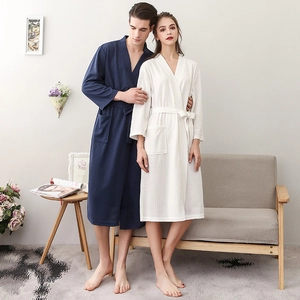 Unisex cotton waffle robe set in navy and white featuring V-neck and waist ties