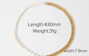 Detail view of pearl and gold chain necklace showing dimensions 430mm length and 31g weight