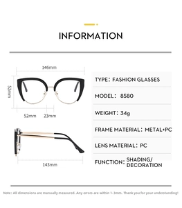 Detailed size chart for cat eye glasses with frame dimensions in millimeters and grams