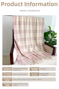 Detail showing 200x60cm dimensions and 230g weight for the plaid cashmere feel scarf