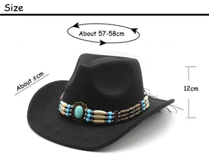 Dimensions du chapeau de cowboy noir montrant 57-58cm de tour de tête et 8cm de bord