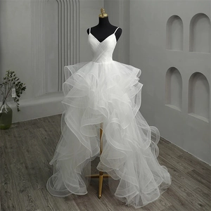 High-Low Wedding Dress V-Neck Spaghetti Straps Tiered Tulle Ruffle Bridal Gown Corset Back For Women