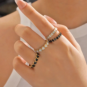 Fashionable 18K gold plated stainless steel heart open rings with black and white enamel