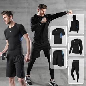 Men's 5-piece athletic compression suit with jacket, t-shirt, shorts and dry-fit leggings