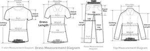 Detailed size measurement guide showing charts for jumpsuits, pants, and tops