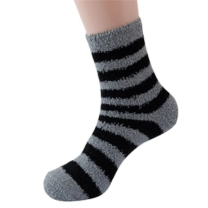 Men's grey and black striped coral fleece cozy cabin socks for winter comfort
