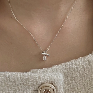 S925 sterling silver minimalist OT buckle necklace with a clear teardrop pendant charm