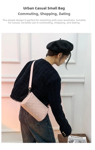 Detail of printed cylinder shoulder bag with wide pink strap and geometric pattern