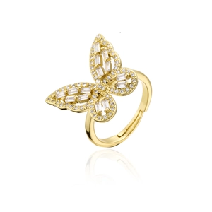 18K gold plated butterfly open ring with baguette-cut and pave-set zircons
