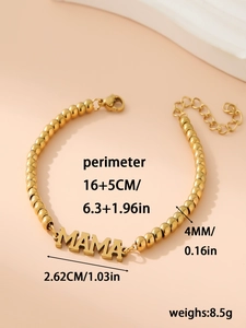 Detail of 18K gold-plated beaded bracelet featuring a MAMA pendant and lobster clasp