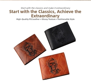 Close-up of vintage embossed skull wallets in black, dark coffee and light brown PU leather