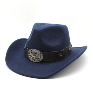 Detail of navy wool cowboy hat featuring leather band with star studs and eagle buckle