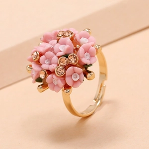 Pink floral adjustable gold ring with sparkling rhinestones and delicate flower petals