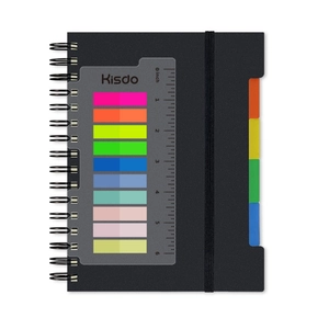 Black hardcover spiral notebook with colorful index tabs and translucent ruler bookmark