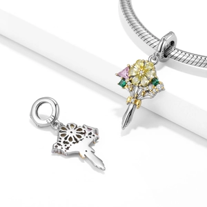 S925 sterling silver flower bouquet charm with colorful zircons for DIY jewelry