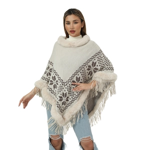Women's Faux Cashmere Knit Poncho Shawl With Artificial Fur Collar Snowflake Jacquard Tassel Hem Winter Warm Cloak Top