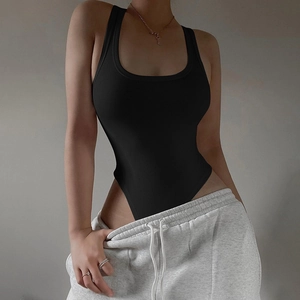 Close-up of black ribbed knit bodysuit texture and sleeveless fit on female model