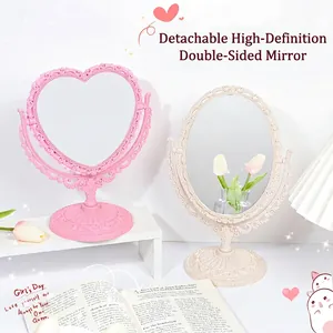 European vintage tabletop makeup mirrors in pink heart and beige oval embossed frames