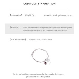 Detailed size and material information for silver bow bracelet with purple heart zircon