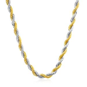 Two-tone twisted rope chain necklace in gold and silver finish on white background
