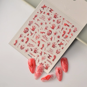 3D embossed Halloween nail stickers with red blood handprints and skull designs