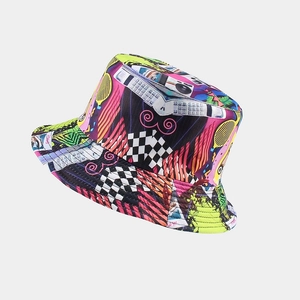 Detail of colorful retro graffiti bucket hat featuring 80s pop art prints and patterns