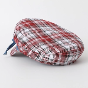 Japanese style checkered beret with denim bow accent and retro plaid pattern design