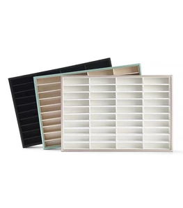 Stackable jewelry display trays with 32 grids in black, mint green, and beige velvet
