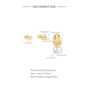 Detail view of 925 sterling silver gold earrings with pearls, zircons, and dimensions