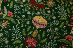Detailed macro shot of festive Christmas jacquard fabric with poinsettia and snowflake embroidery