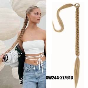 Long braided ponytail extension in blonde color showing wear style and structure