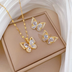 Elegant Butterfly Zircon Jewelry Titanium Steel Necklace Copper Earrings Luxury Banquet Party For Women