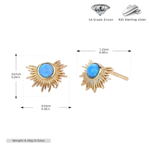 Detailed view of S925 silver sun-shaped opal earrings with precise size measurements
