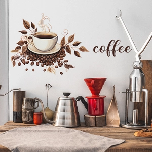 Self-adhesive coffee wall stickers with beans and leaves on a warm cafe background