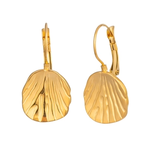 Golden stainless steel round leaf texture stud earrings with radial patterns for women
