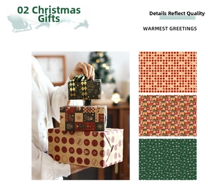 Detailed views of festive kraft paper gift wraps with elk, tree, and red dot patterns