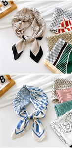 Detail of silk-satin square scarf with houndstooth and geometric prints for women