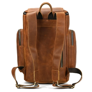 Detail view of the back padding and adjustable straps on a crazy horse leather backpack