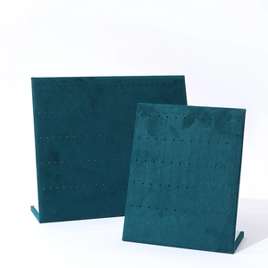 L-shaped velvet earring display stands in peacock blue with multiple rows of holes