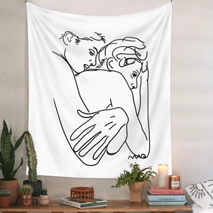 Modern minimalist line art tapestry with a romantic embrace design for wall decor