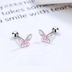 Macro shot of 925 silver double butterfly stud earrings with pink enamel and zircons