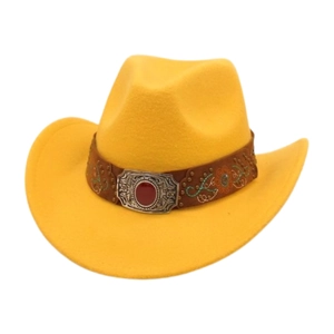 Yellow wide brim western cowboy hat with embroidered leather band and vintage buckle