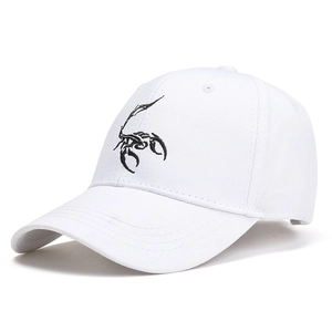 White cotton baseball cap with black scorpion embroidery for sun protection