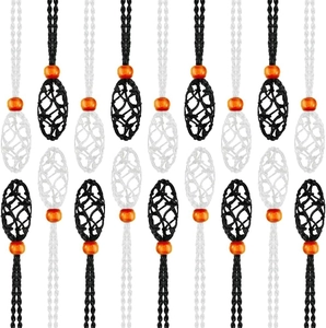 Detail view of handmade adjustable woven mesh necklace cords with wood beads in black and white