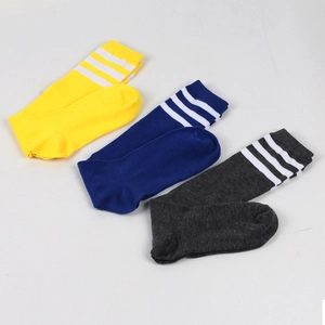 Detailed flat lay of cotton mid-calf socks with white stripes in yellow blue and grey