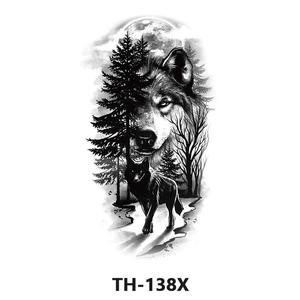 Waterproof temporary tattoo with sketch of a wolf and forest design in black and white