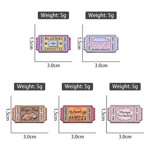Five humorous enamel ticket pins with witty status quotes for bags and clothing