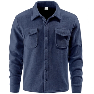 Men's navy blue fleece tactical shirt jacket with chest pockets and 100% polyester fabric